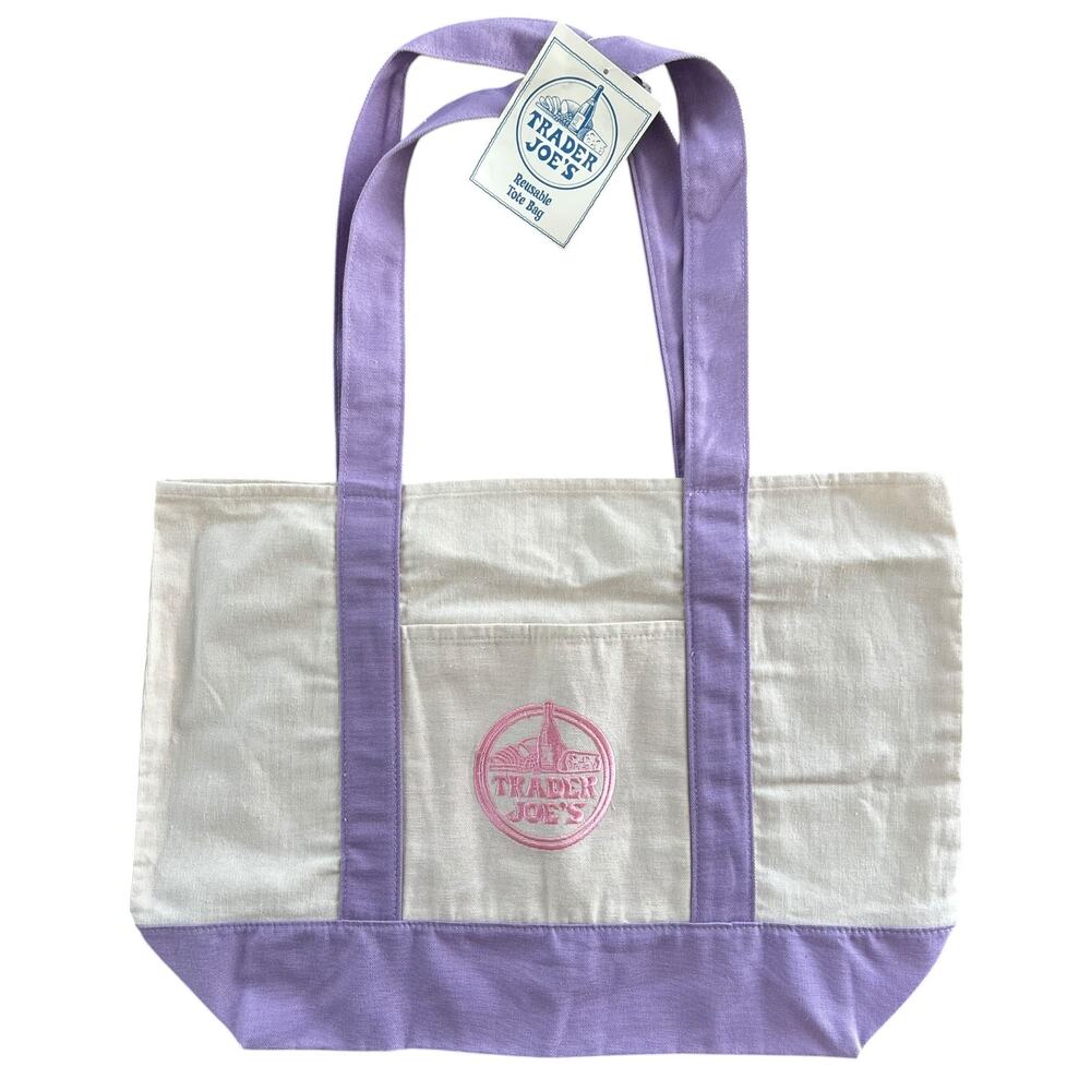 Trader Joe’s Reusable Canvas Tote Bag Lavender Purple Pink Logo Shopping Bag NWT
